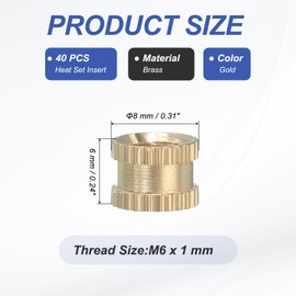 PATIKIL M6 Threaded Inserts, 40 Pcs Female Metric Brass Knurled Nuts Heat Set Insert for Plastic 3D Printing Components (M6x6x8mm)