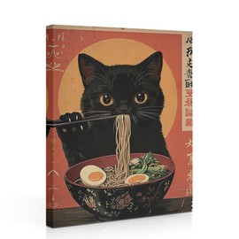 Funny Cat Canvas Wall Art, Vintage Japanese Cat Eating Ramen Framed Art Paintings Wall Decor Unique Gifts And Animal Lover Prints Picture for Dining Room Living Room Kitchen Farmhouse Decor 11.5x15In