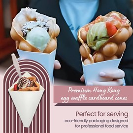Hong Kong Egg Waffle Style, White Heavy-Duty Cardboard Cone, Professional Food Safe Paper Cones, Disposable Cone Holders (100)
