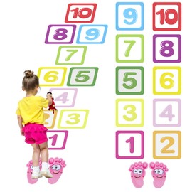 XLIUAX 10Pcs Hopscotch Game Floor Stickers, Number Lattice Floor Sticker with 1 Pair Kids Footprint Stickers, Funny Puzzle Games Wall Decals for Classroom Bedroom Living Room Ground Corridor Nursery