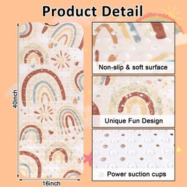 Topotdor Baby Bathtub Mat Non Slip for Kids, 40 X 16 Inch Cute Cartoon Bath Tub Shower Mat Anti Slip with Suction Cups & Drain Holes, Boho Rainbow
