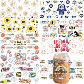 UV DTF Cup Wrap Transfer for Glass 16Oz Glass Can Rub on Transfer for Crafts, Cup Decal Stickers,9 Sheets Waterproof Ready to Apply, Ready to Press Transfers for Crafting Inspirational Self Love Style
