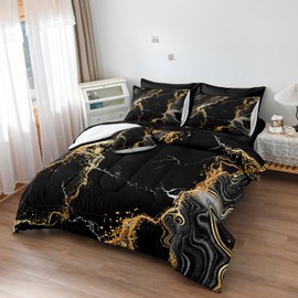 Herside Marble Queen Comforter Set 8 Pieces,Black and Gold Queen Bed in a Bag,Modern Marble Texture Luxury Bed Set with Comforter, Pillowcase, Flat Sheet, Fitted Sheet and Cushion Cover