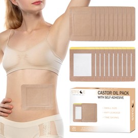 STFOCE 20pcs Castor Oil Pack Wrap, Portable Self-Adhesive, Disposable Castor Oil Pack Organic Cotton for Stomach, Liver, Belly & Entire Body, No Leaks, No Irritation, Stick Overnight (Kahaki)