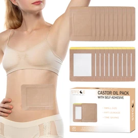 STFOCE 20pcs Castor Oil Pack Wrap, Portable Self-Adhesive, Disposable Castor Oil Pack Organic Cotton for Stomach, Liver, Belly & Entire Body, No Leaks, No Irritation, Stick Overnight (Kahaki)