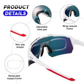 HNJOKE Sports Polarized Sunglasses, UV 400 Protection Sunglasses for Men Women, Mens Sunglasses for Cycling Biking Running Hiking Golf Fishing, White&Red