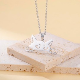 kkjoy Cute Cat Necklace Stainless Steel Pet Kitty Pendant Jewelry For Cat Lovers Women Charming Ladies (Silver)