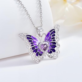 OUTANG Butterfly Pendant Necklace with Synthetic Birthstone Butterfly Jewelry Gift for Women (February(Amethyst))