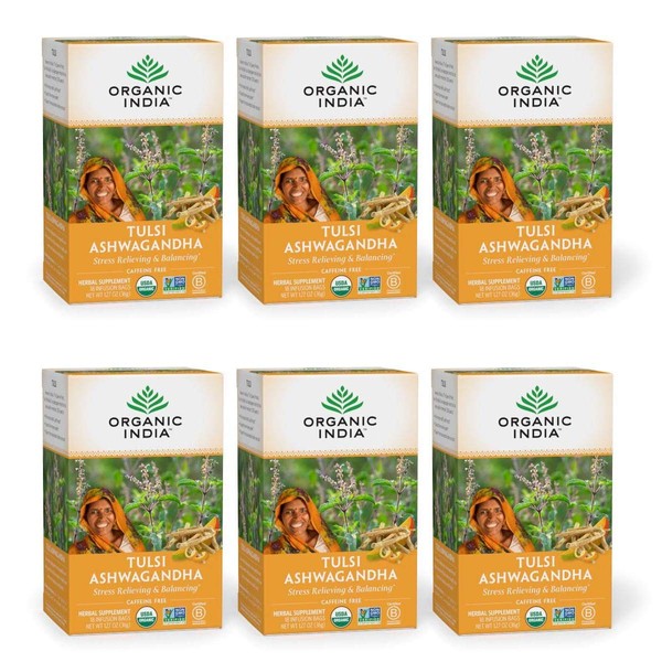 Organic India Tulsi Ashwagandha Herbal Tea - Stress Relieving & Balancing, Immune Support, Adaptogen, Vegan, Gluten-Free, USDA Certified Organic, Caffeine-Free - 18 Infusion Bags, 6 Pack