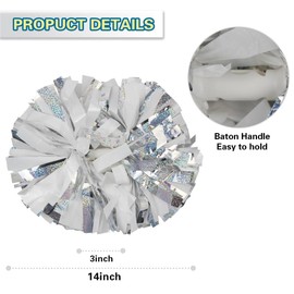 Lovecheer 2PCS Cheerleader Pom Poms White and Silver Holographic Pom Poms Cheerleading with Baton Handle for Sports Team Spirit Dance Adults