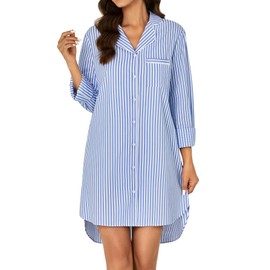 Rooscier Women's Striped Nightgown Collar V Neck Long Sleeve Sleep Shirts Nightdress Button Down Nightwear Striped Blue Medium