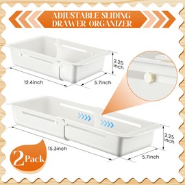 Gulfmew 2 Pack Adjustable Sliding Drawer Bin, Expandable 12.4in-15.3in Organizer Tray for Kitchen Utensils, BBQ Tools, Towels, and More, Durable Plastic Sliding Drawer Tray for Easy Storage
