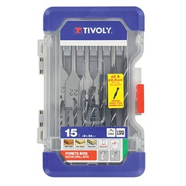 TIVOLY - Wood Drill and Bit Set - for Softwood Drilling - 15-Piece Kit: 9 HSS Drill Bits with 3 Points Ø1/12.5" to 3/8" + 6 Flat Wood Bits Ø9/16-1"