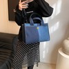 Canvas Denim Tote Bag for Women, Two Tone Splicing, Leather