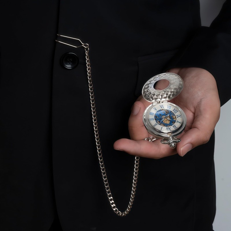 Kchss Mechanical Roman Numerals Dial Skeleton Pocket Watches with Luxury