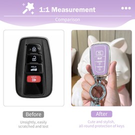 CARFIB for Toyota Key Fob Cover with Keychain Car Accessories for Camry RAV4 Highlander Corolla 4runner Prius Hybrid Girly Keys Case Cover 4 Button TPU Purple