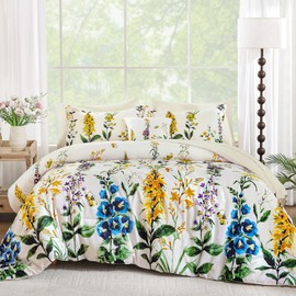 WONGS BEDDING Beige Comforter Set Queen Size 8 Piece Bed in a Bag Colorful Floral Botanical Comforters with Sheets, Soft Microfiber Farmhouse Complete Bedding Set for All Season