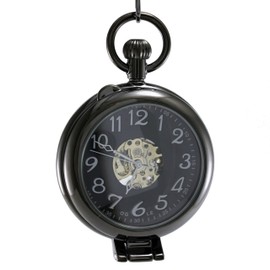 OGLE Waterproof Silver Magnifier Luminous Chain Fob Self Winding Automatic Skeleton Half Hunters Mechanical Pocket Watch (Black Case Black Dial)