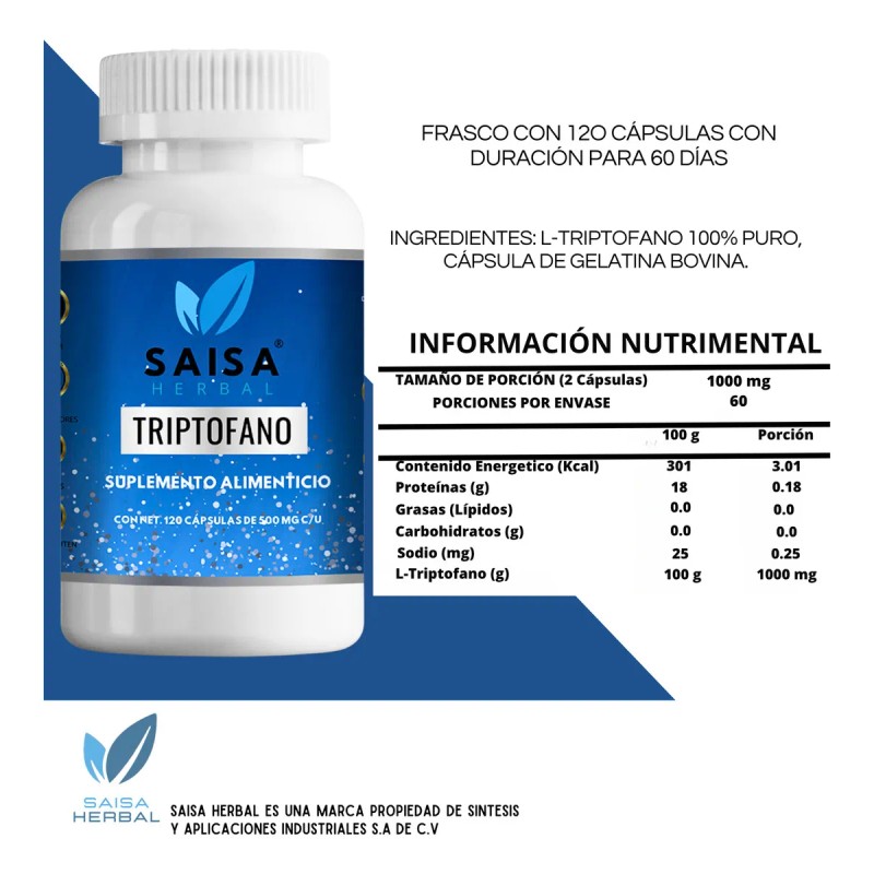 L-Triptófano 500 Mg | 120 Cápsulas | Saisa Herbal |