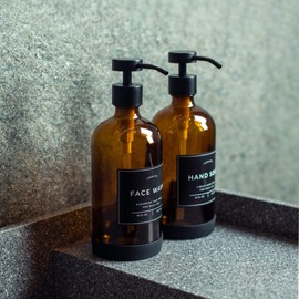 Verute 16oz Glass Soap Dispenser with Stainless Steel Pump, 21 Waterproof Labels, Non-Slip Protective Silicone Pad, Set of 2 for Bathroom & Kitchen (Matte White Bottle/Brushed Silver Pump)