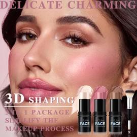 Noerrors 3 Colors Cream Contour Highlighter Blush Stick Trio Set with Dual Head Brush Waterproof Longlasting Bronzer Blusher for Cheeks Matte Dewy Finish Multifunctional Face Professional Makeup Kit