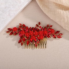 Teyglen Flower Rhinestone Wedding Hair Comb Floral Crystal Hair Piece Red Crystal Hair Side Comb Flower Bridal Headpiece Hair Accessories for Women (Red)