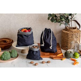 Nuts Jeans Fruit and Vegetable Bags with Drawstring, Set of 3, 100% Cotton, Reusable Shopping Bag, Cotton Bag, Vegetable Bag, Washable, blue