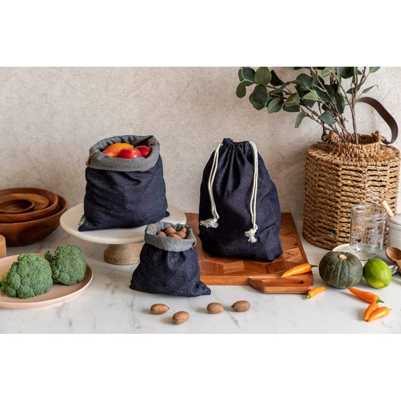 Nuts Jeans Fruit and Vegetable Bags with Drawstring, Set of