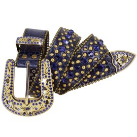 35116 Women's Belts Rhinestone Belt Western Cowgirl Bling Studded Design Leather Belt 1-3/8"(35mm) wide (Royal Blue/Brass, 36'' L)
