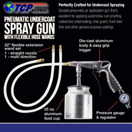 TCP Global Air Undercoating Spray Gun with Gauge, Suction Feed Cup & 2 Wands - 22" Long Flexible Extension Wand with Multi-Directional Nozzle - Sprayable Bed Liner, Rubberized Truck Undercoating