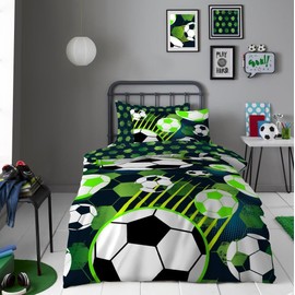 GC GAVENO CAVAILIA Football Duvet Cover Set (135 x 200 cm), Reversible Geomtric Kids Bedding Sets With Pillowcase, Polycotton Quilt Cover Single Bed, Soft Comforter Covers, Green