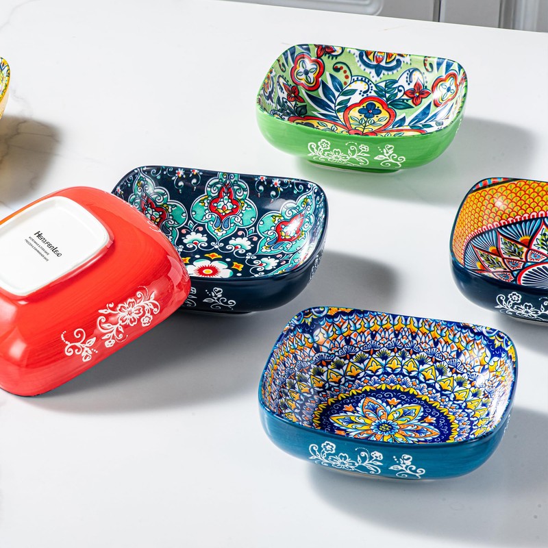 HENXFEN LEAD Boho Ceramic Square Bowls – 20 oz Colorful