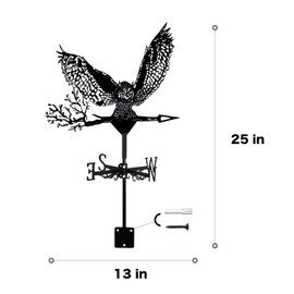 Ornamental Metal Weathervane in Black with a Majestic Owl in Flight, Mount and Screws Included