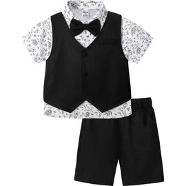 A&J DESIGN Toddler Suit for Boys Easter Wedding Gentleman Photoshoot Formal Ring Bearer Outfit Floral Print Shirt Summer Short Set Tuxedo Black 4-5T