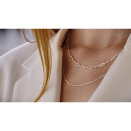 QUADRI Women's 18K Gold Plated or 925 Sterling Silver Multifilament Necklace - 2.80mm Paper Clip and Figaro Chain - Length 41 | 45 | 51cm with 5cm Extender, Silver