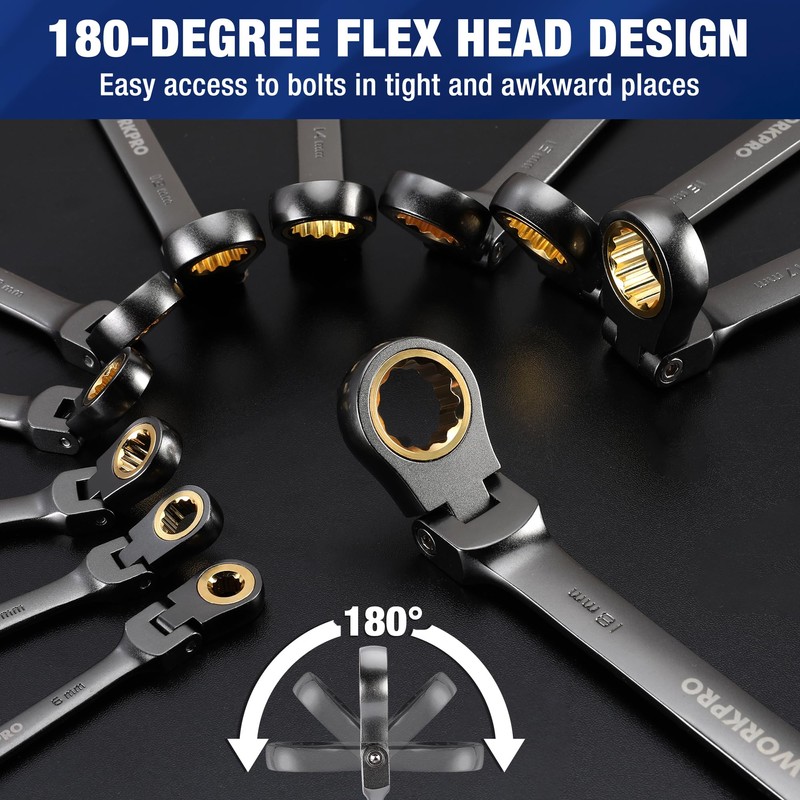 WORKPRO 22-Piece Flex-Head Ratcheting Wrench Set, Ratchet Combination Wrench Sets