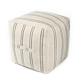 AELS Unstuffed Farmhouse Pouf Cover for Living Room, Boho Storage Bean Bag Cubes, Beige with Black Stitch Yarn Dyed Stripe Linen Square Ottoman Pouf Foot Rest Footstool, 18"x18"x18", Cover ONLY