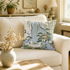RBAFAO Vintage Asian Scenic Theme Throw Pillow Covers 18x18 Inch, Double Sided Print Chinoiserie Scenic Botanical, Outdoor Indoor Patio Decorative Cushion Cover for Sofa Bedroom (Green)