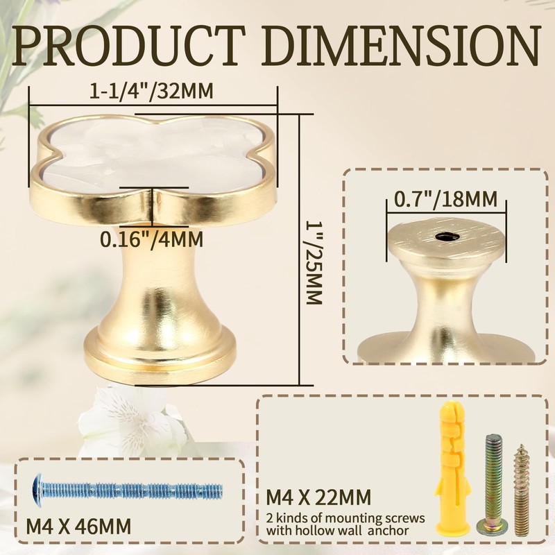 suiwotin 12 Pack Brass Cabinet Knobs, Clover Knobs Decorative Dresser