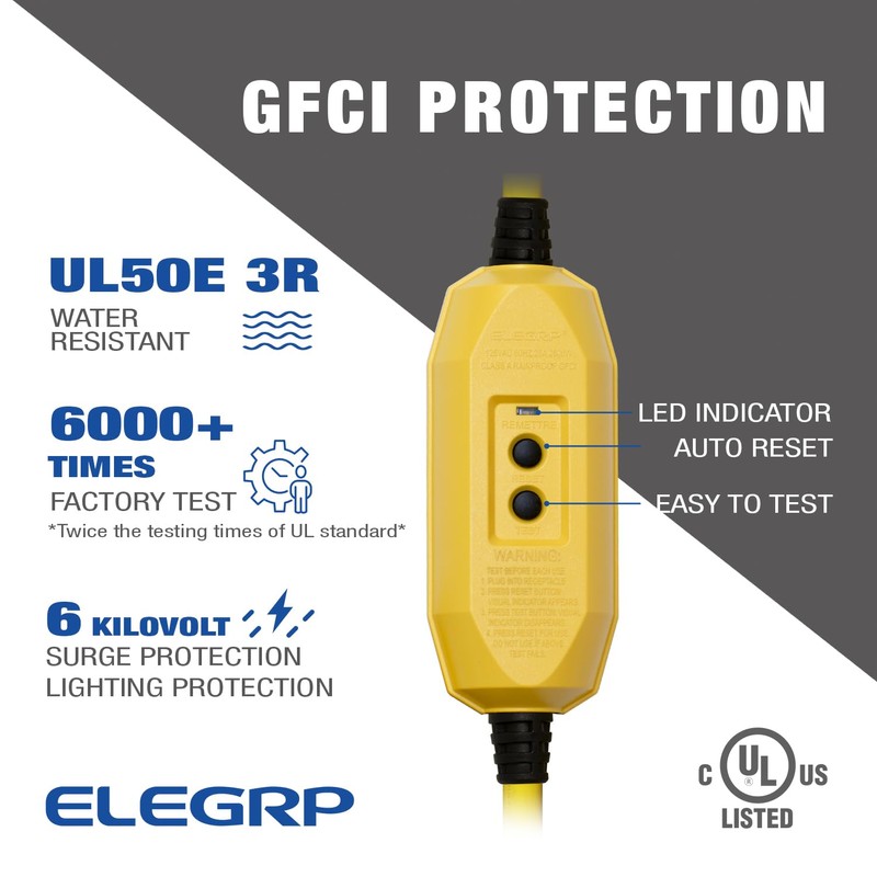 ELEGRP 15A Auto Reset Inline GFCI Extension Cord 3ft 12/3