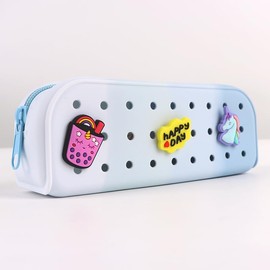 DIY Silicone Pencil Case, Customizable Charm Organizer with Zipper Closure, Waterproof Flexible Storage Pouch for School and Travel, 18x7x5 cm, Unisex (Frost White)