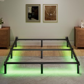 SHOANED Queen Size Bed Frame with LED, 7 Inch Metal Steel Bedframe for Box Spring and Mattress, Heavy Duty Basics Bed Base, Noise Free, Easy Assembly, Black, Adjustable