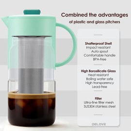 Delove Cold Brew Coffee Maker with Auto Spout – Shatterproof Plastic Shell, Wide Mouth Design – 62 oz (1.9 Quart) Iced Tea Glass Carafe with Removable Removable Mesh Filter (1, Light blue)