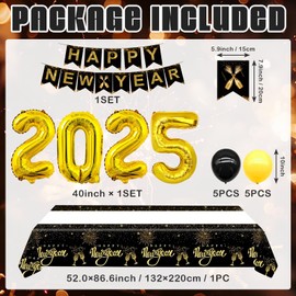 13pcs New Years Eve Party Decorations 2025, New Years Eve Party Supplies with Gold 2025 Foil Balloons, Happy New Year Banner, Black and Gold Balloons Party Decorations