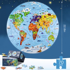 DIGOBAY World Map Jigsaw Puzzle for Kids 4-8, 70 Piece Large Round Floor Puzzles for Kids Ages Toddler Puzzle Globe Geography Games Educational Toys Birthday for Children