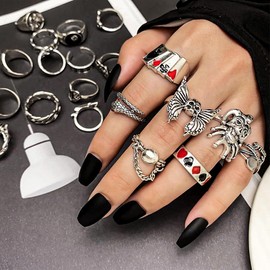 17IF 26-35 Pcs Vintage Silver Knuckle Rings Set for Women Men, Grunge Gothic Rings Chunky Aesthetic Snake Stackable Adjustable Punk Bulky Finger Alt Fairy Skull Frog Heart Star Flower Midi Ring Pack,