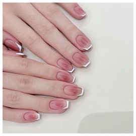 Crymystal Square Press on Nails Pink Gradient French Medium Full Cover Fake Nails Sequins Design Artificial Acrylic False Nails for Women DIY Autumn And Winter Nail Decorations 24PCS