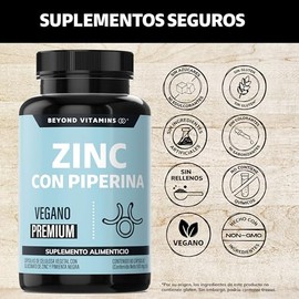 Beyond Vitamins  Zinc 20mg (Gluconato de Zinc) Potenciado con Piperina Estandarizada al 95, Apto para dietas Veganas, Premium (60 Cpsulas)            