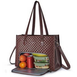 Ralnitote Laptop Bag with Insulated Lunch Compartment for Women, PU Leather 15.6 Inch Work Bag, Elegant Computer Handbag, Versatile Business Tote for Office,Travel or Casual-Chocolate Brown