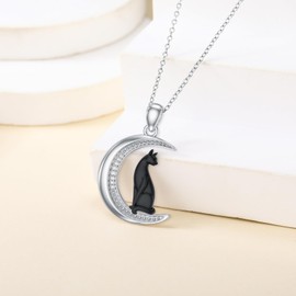 LWXIE Diamond Black Cat Necklace for Women Sterling Silver Black Cat Necklace 925 Silver Cat Necklace18+2Inch